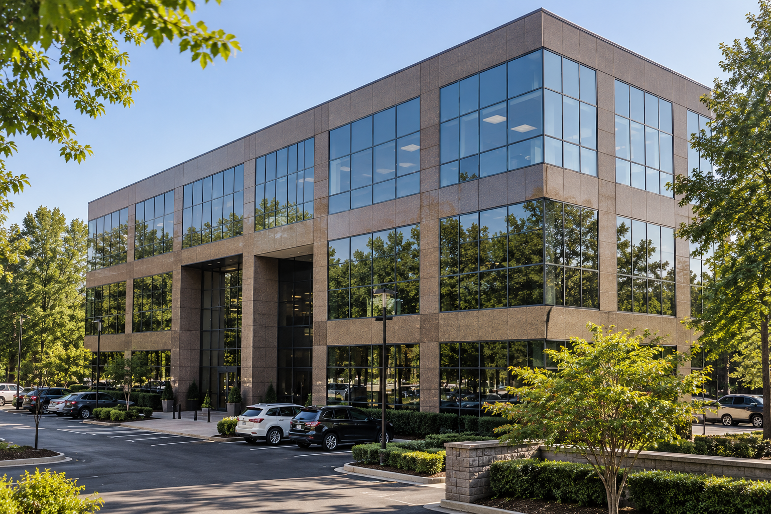 Modern glass office building with reflective windows, landscaped parking lot, and trees in the foreground