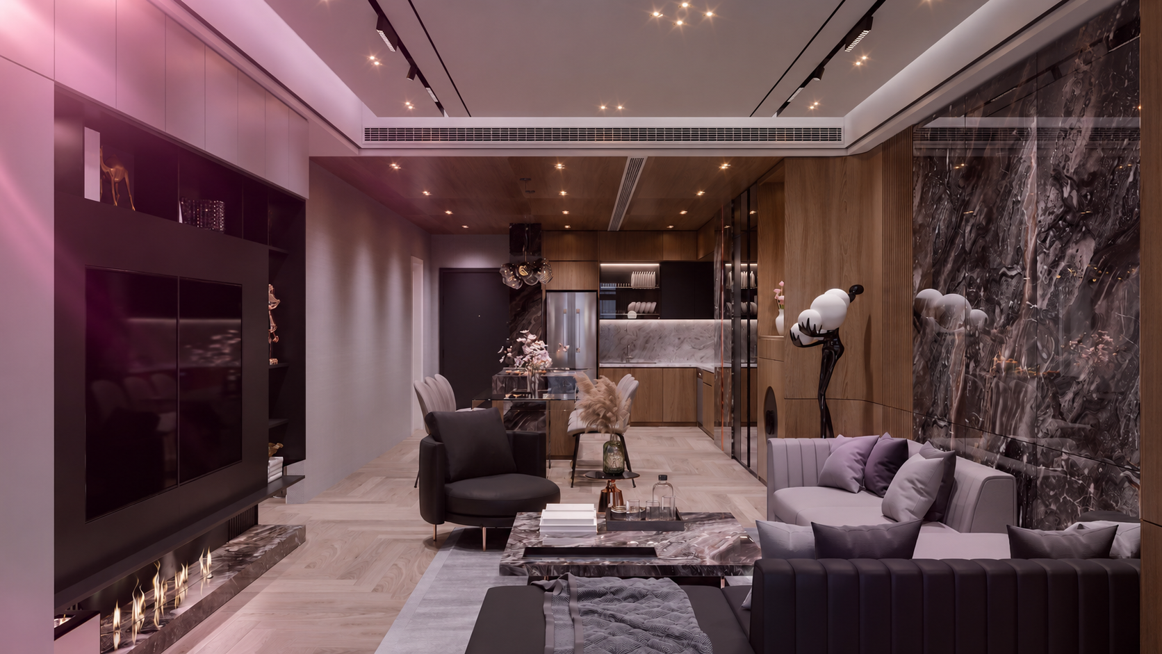 Modern luxury living room with marble walls, sleek sofas, a coffee table, and warm ambient lighting.