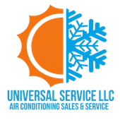 Logo for Universal Service LLC featuring a split sun and snowflake icon, text reads "AIR CONDITIONING SALES & SERVICE."