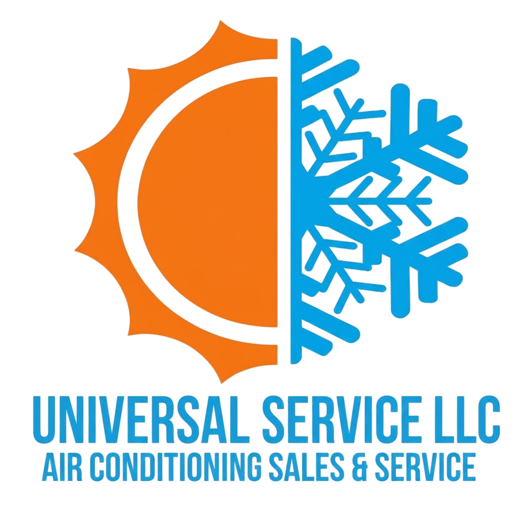 Logo for Universal Service LLC featuring a split sun and snowflake icon, text reads "AIR CONDITIONING SALES & SERVICE."