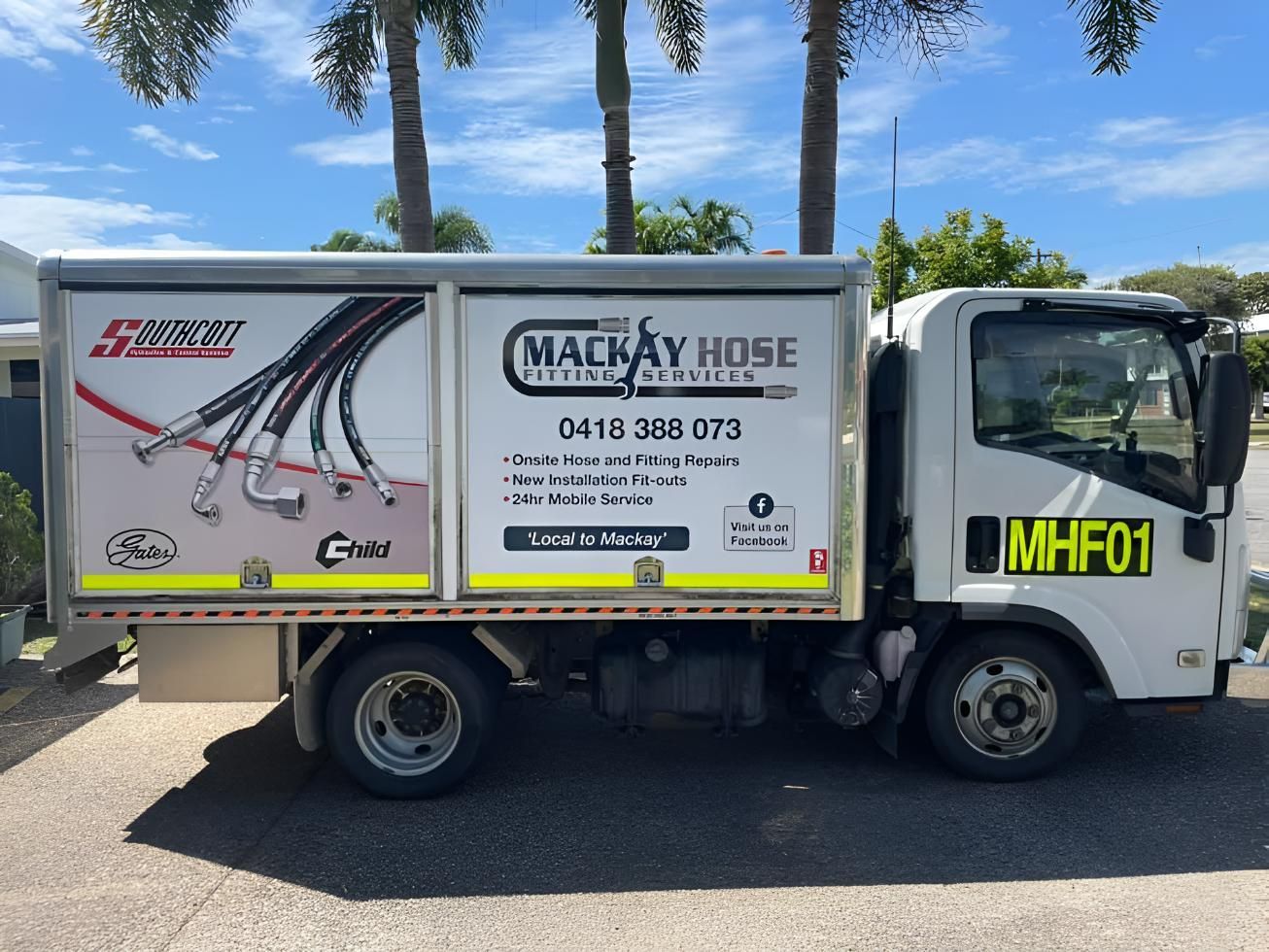 A White Truck With A Sign On The Side That Says Mackay Hose — Mackay Hose Fitting Services In West Mackay, QLD