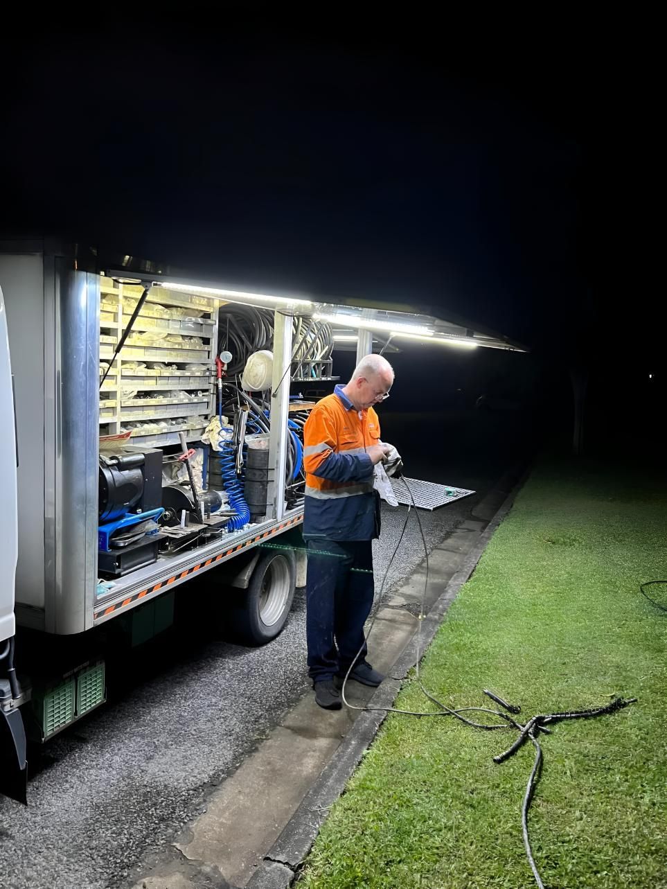 A Man Is Standing In Front Of A Truck At Night — Mackay Hose Fitting Services In West Mackay, QLD