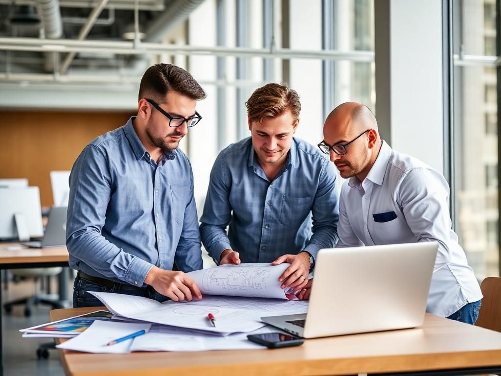 Three coworkers review blueprints at a desk with a laptop in a bright office.