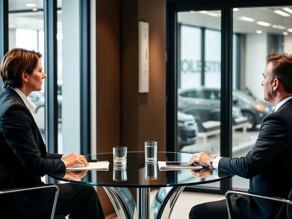 Two people in suits facing each other across a glass table in a modern office meeting room.