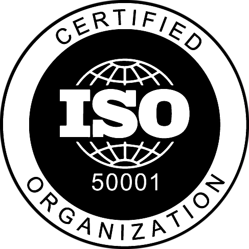 ISO 50001 certified organization seal with globe icon in black and white