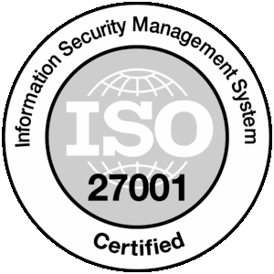 ISO 27001 certified security management system badge with globe icon in black, white, and gray