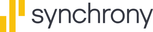 Synchrony logo with yellow vertical bars and gray wordmark