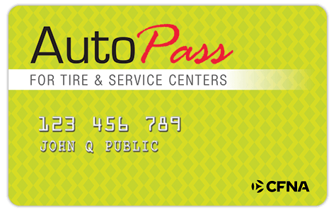 AutoPass tire and service center card with yellow background and CFNA logo