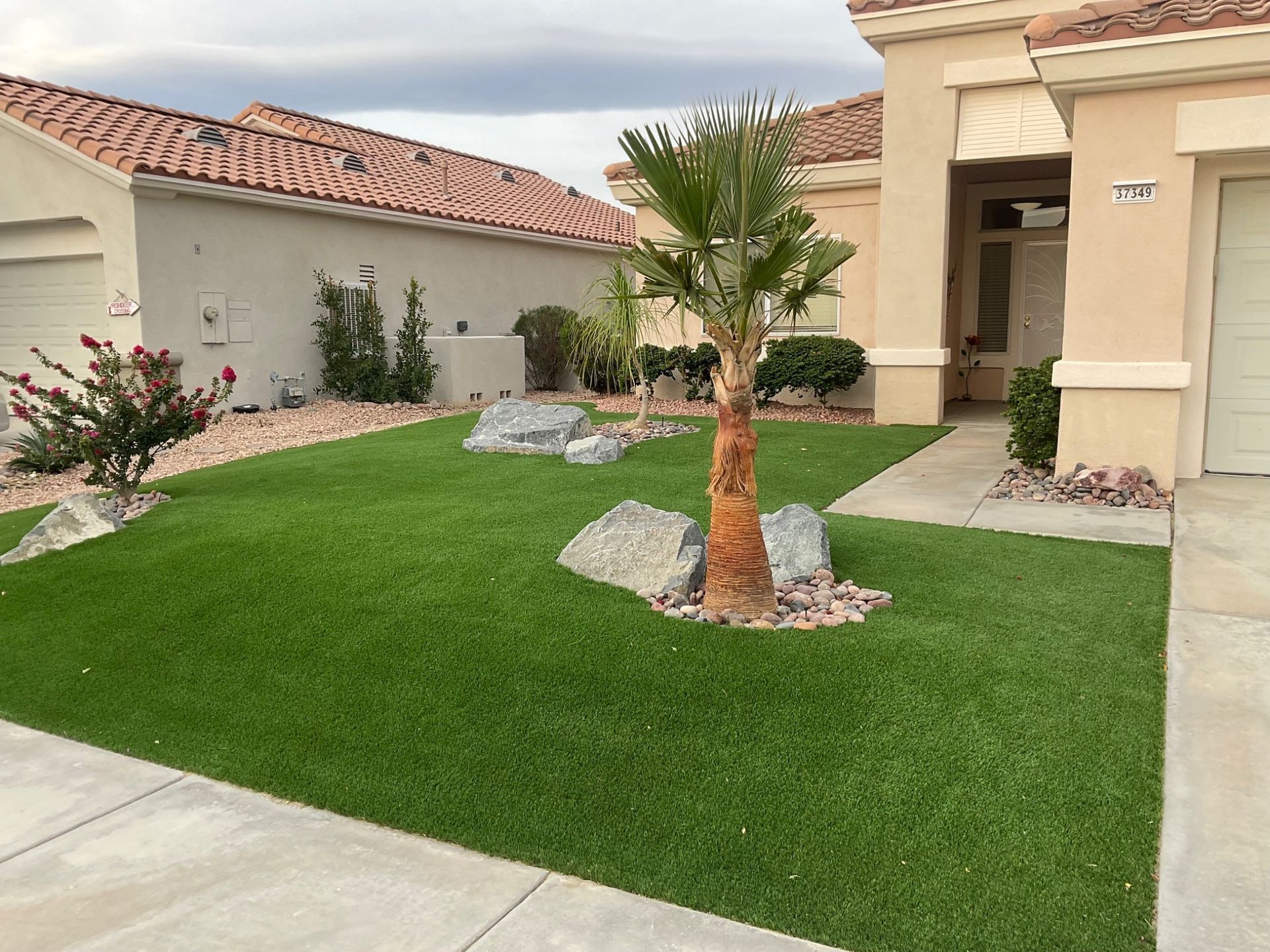 Front yard with bright green lawn, palm tree, and beige house with tiled roof.