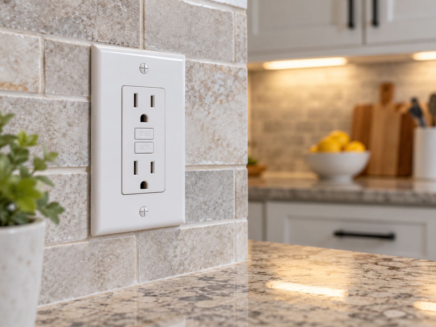 GFCI electrical outlet installed on a kitchen backsplash for electrical safety