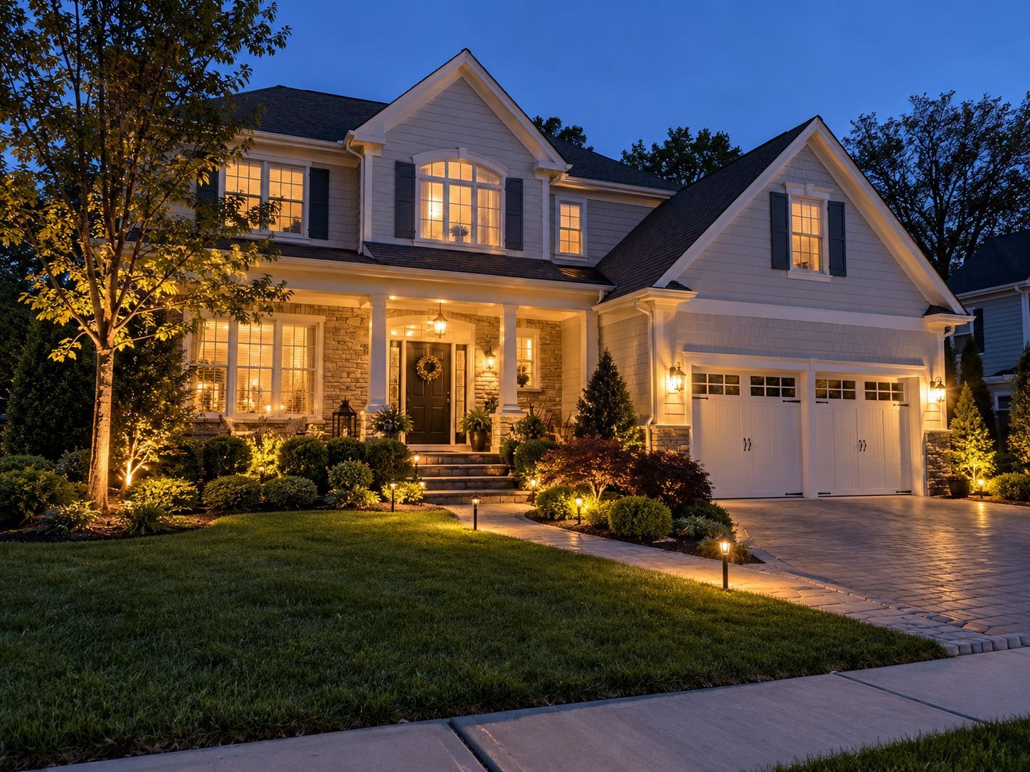 Residential outdoor landscape lighting illuminating a home, driveway and front yard