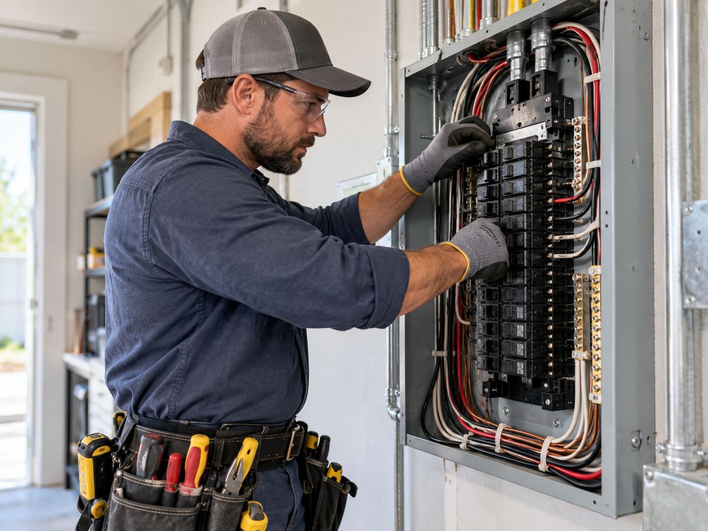 Residential electrician working on circuit breakers and wiring inside an electrical panel