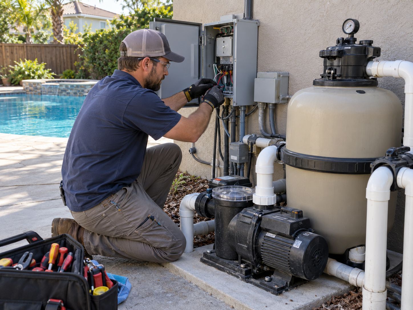 Electrician servicing outdoor swimming pool electrical equipment and wiring