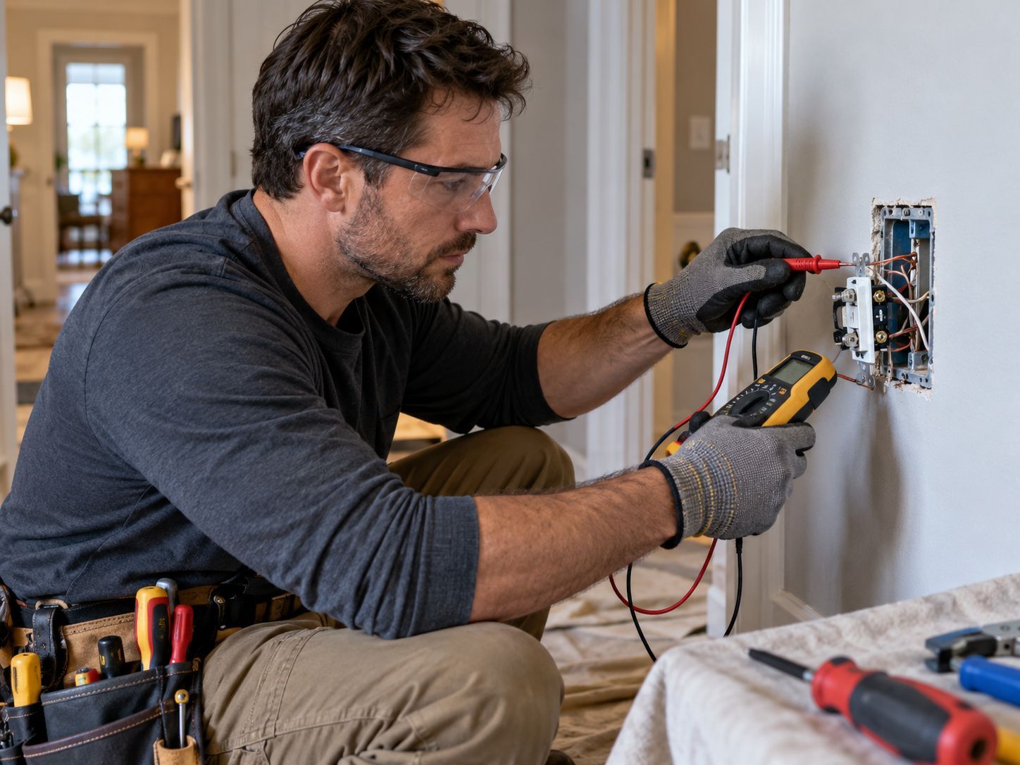 Electrician testing electrical wiring in a wall outlet box with a digital multimeter