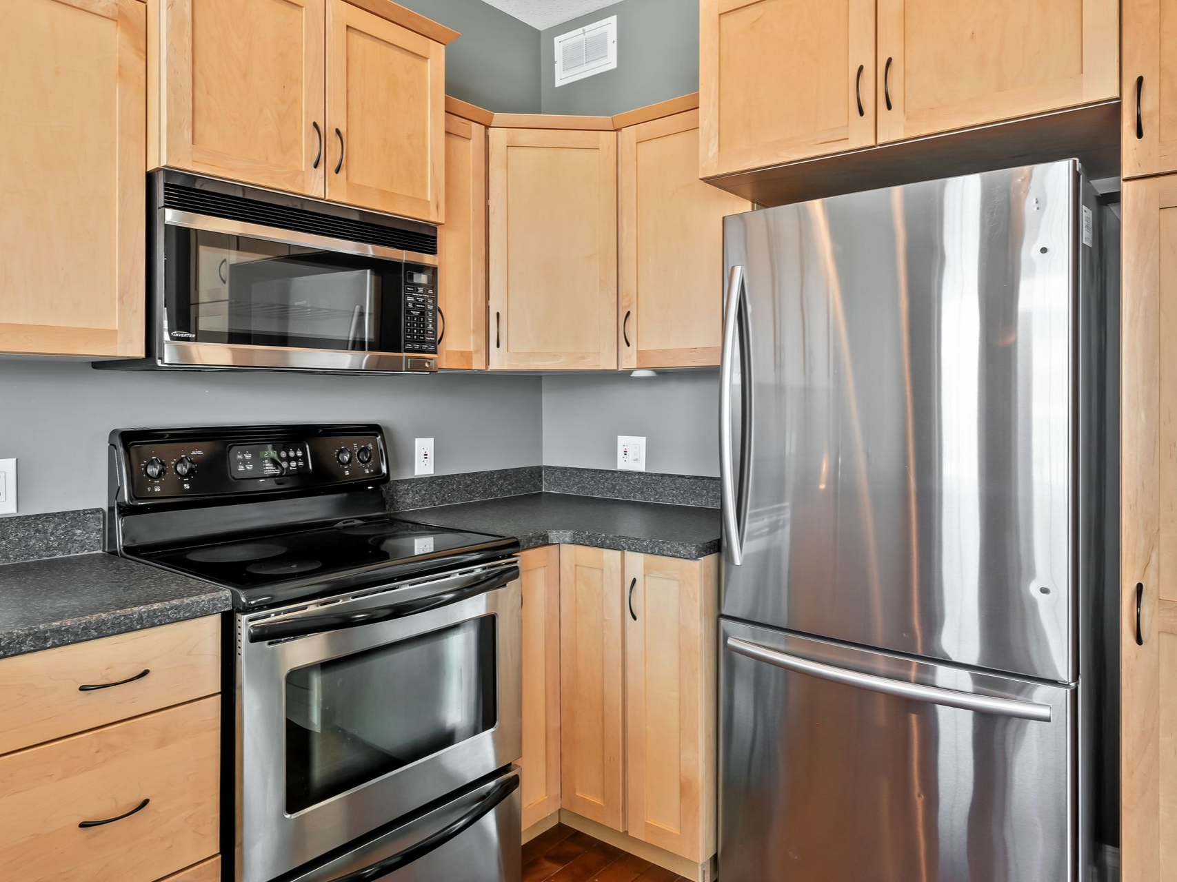 Modern kitchen with electric stove, microwave and refrigerator