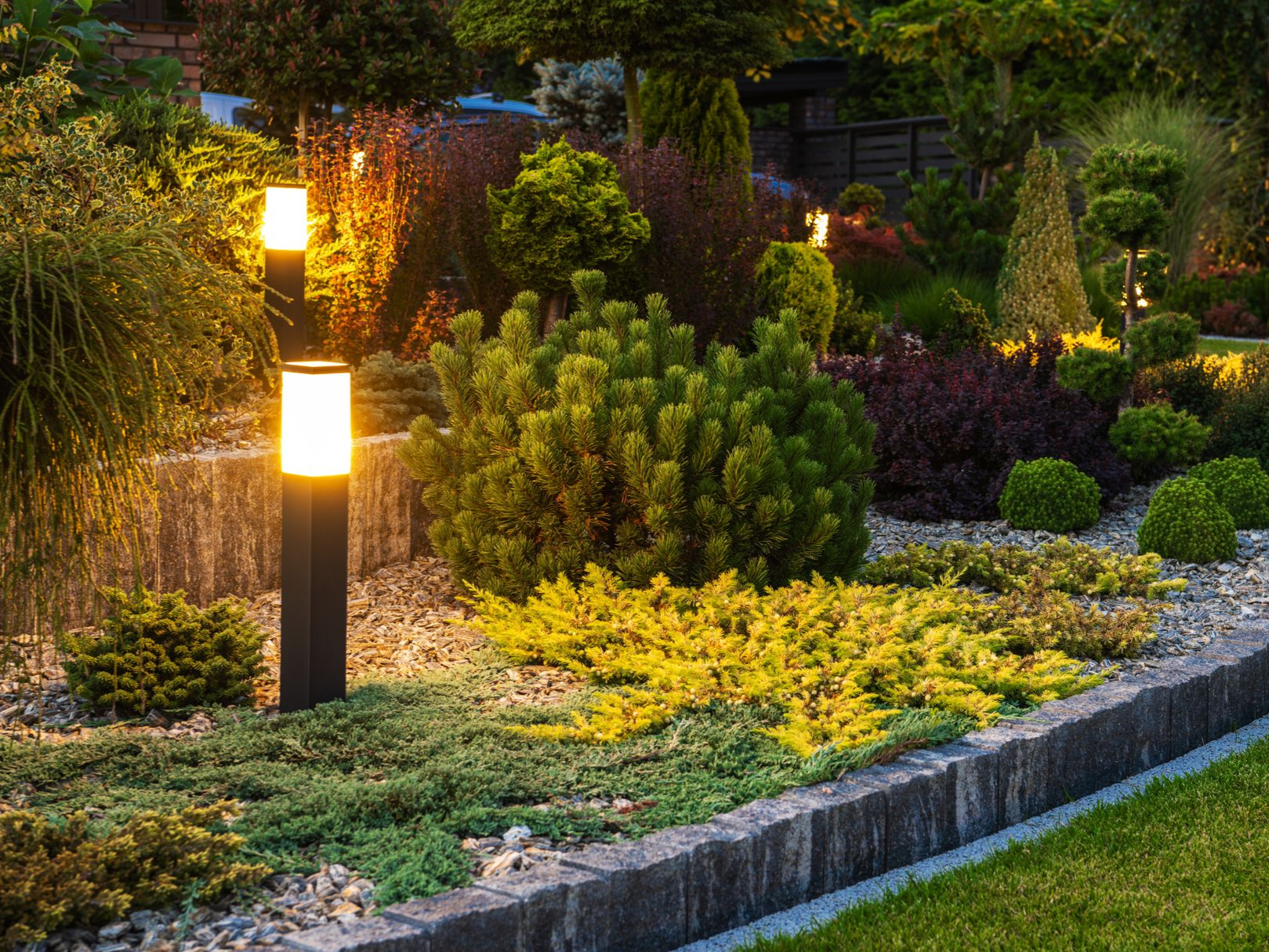 Low-voltage landscape lighting illuminating garden plants and outdoor walkways
