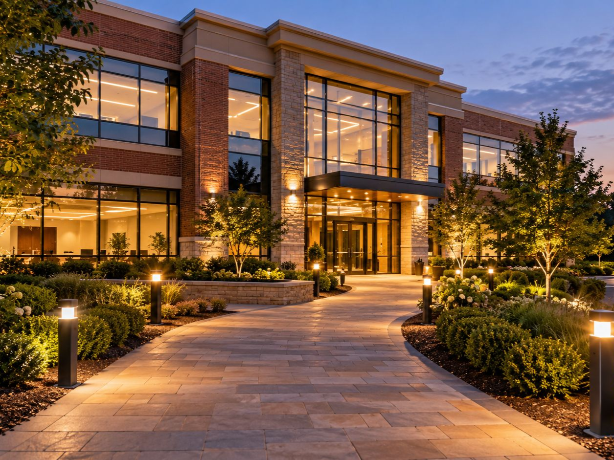 Commercial building with exterior architectural lighting and illuminated outdoor walkways