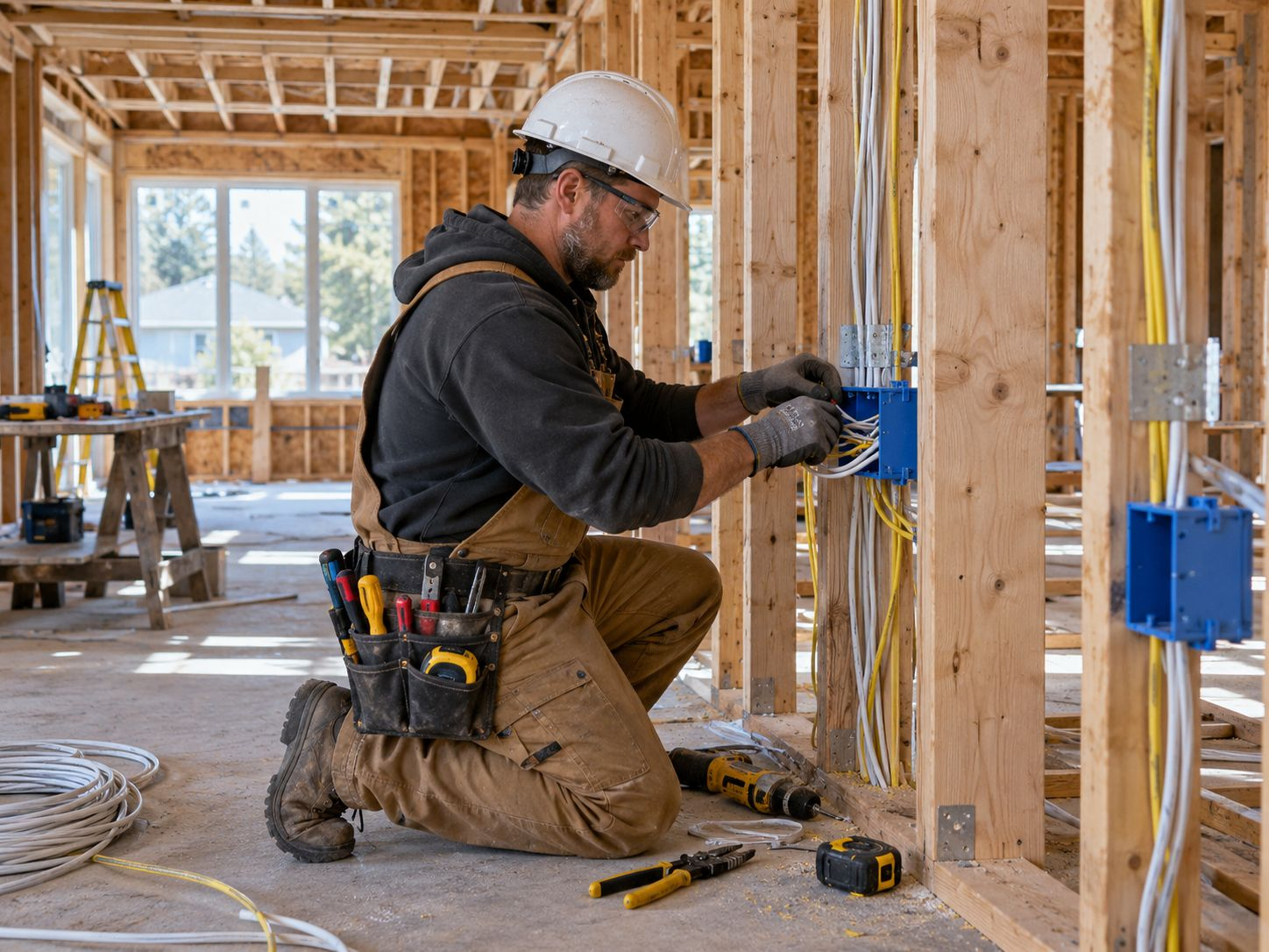 Electrician installing electrical wiring and outlet boxes in a new home addition