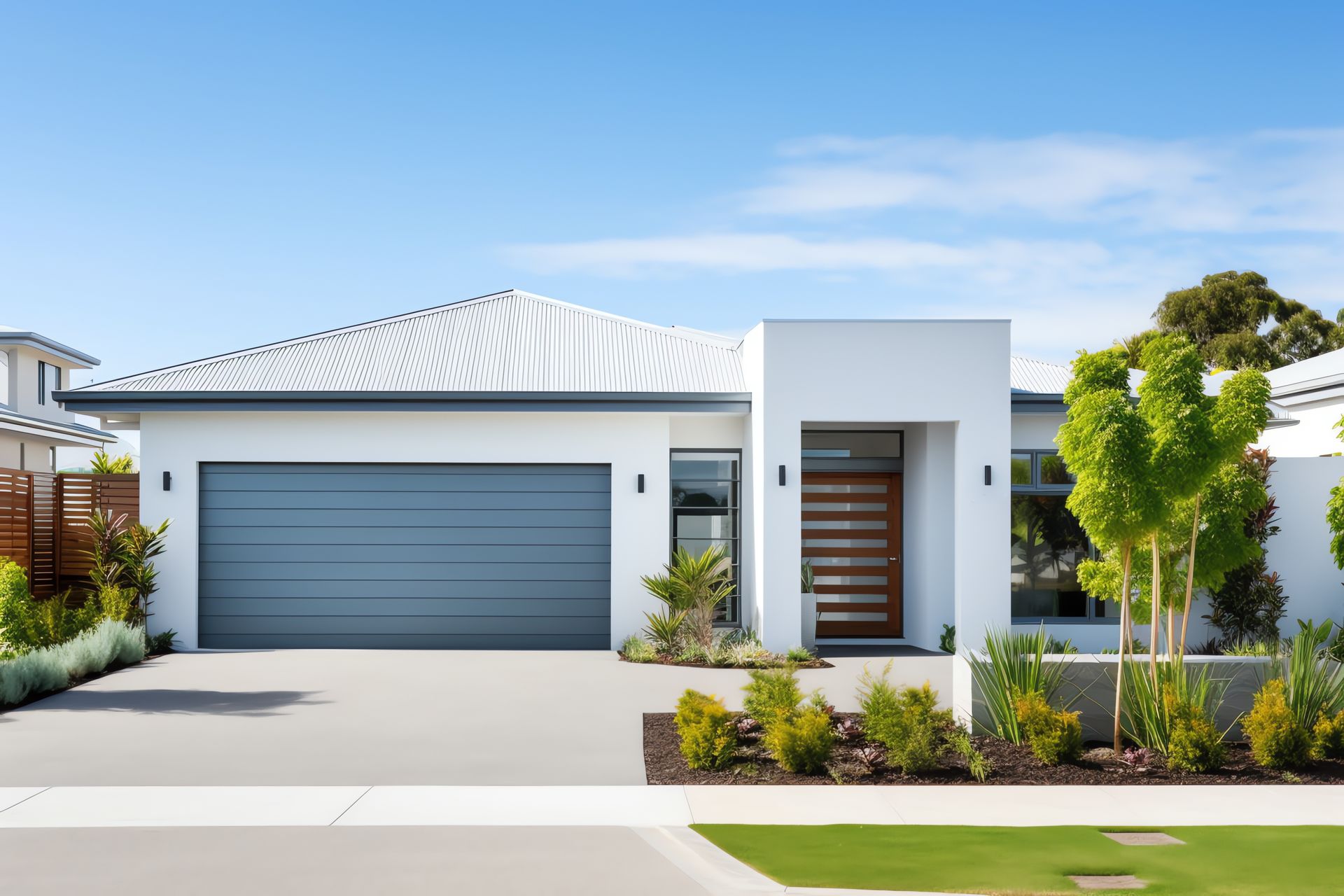 Front view of a white house with a grey garage door and plants outside.