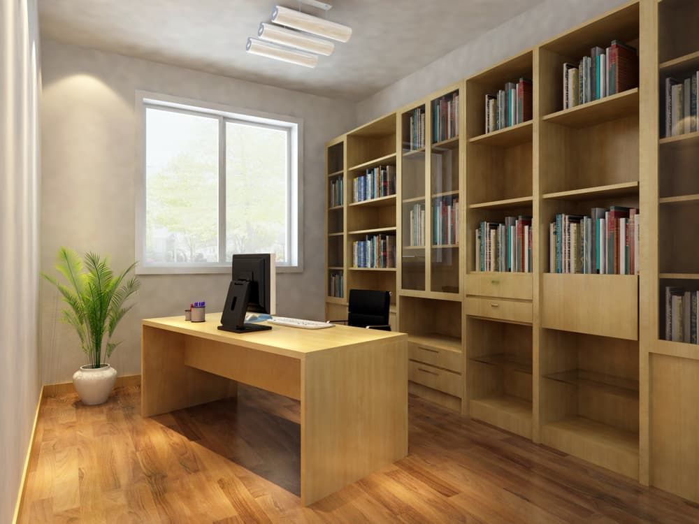 Office With Wooden Desk, Bookshelves, Window, and Plant — Hastings Specialty Furniture In Port Macquarie, NSW