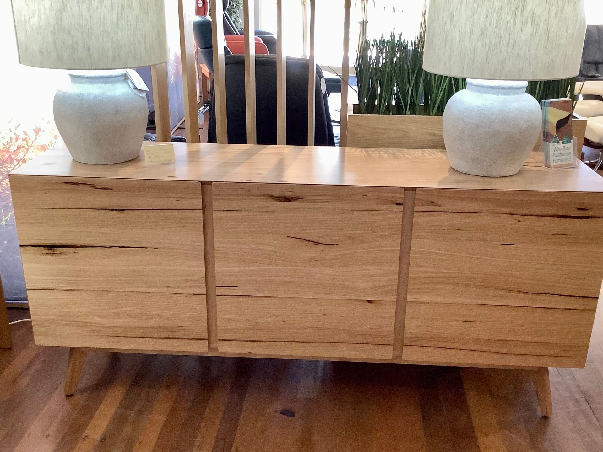 Wooden Cabinet With Three Doors and Two Lamps on Top — Hastings Specialty Furniture In Port Macquarie, NSW