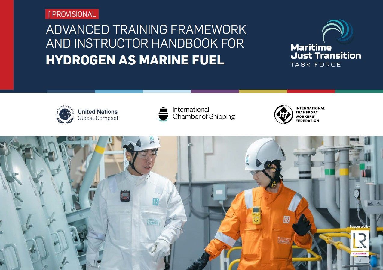 Two people in protective gear near hydrogen fuel tanks. Title: Advanced Training Framework for Hydrogen.