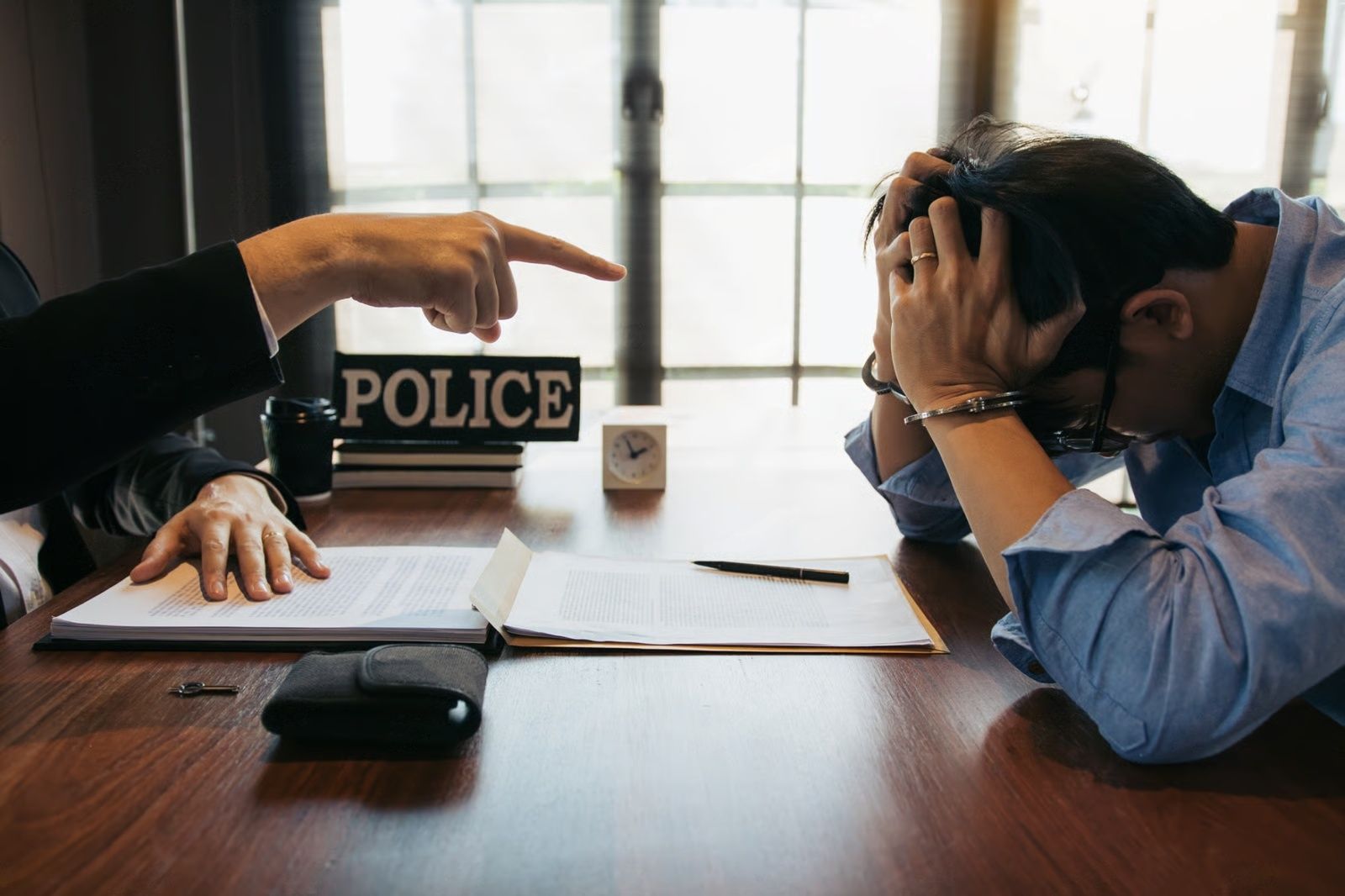 Police officer points at a handcuffed man, who holds his head in his hands, in a police station.