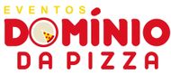 Logo for Eventos Domínio da Pizza in red and yellow with a pizza slice in the “O”