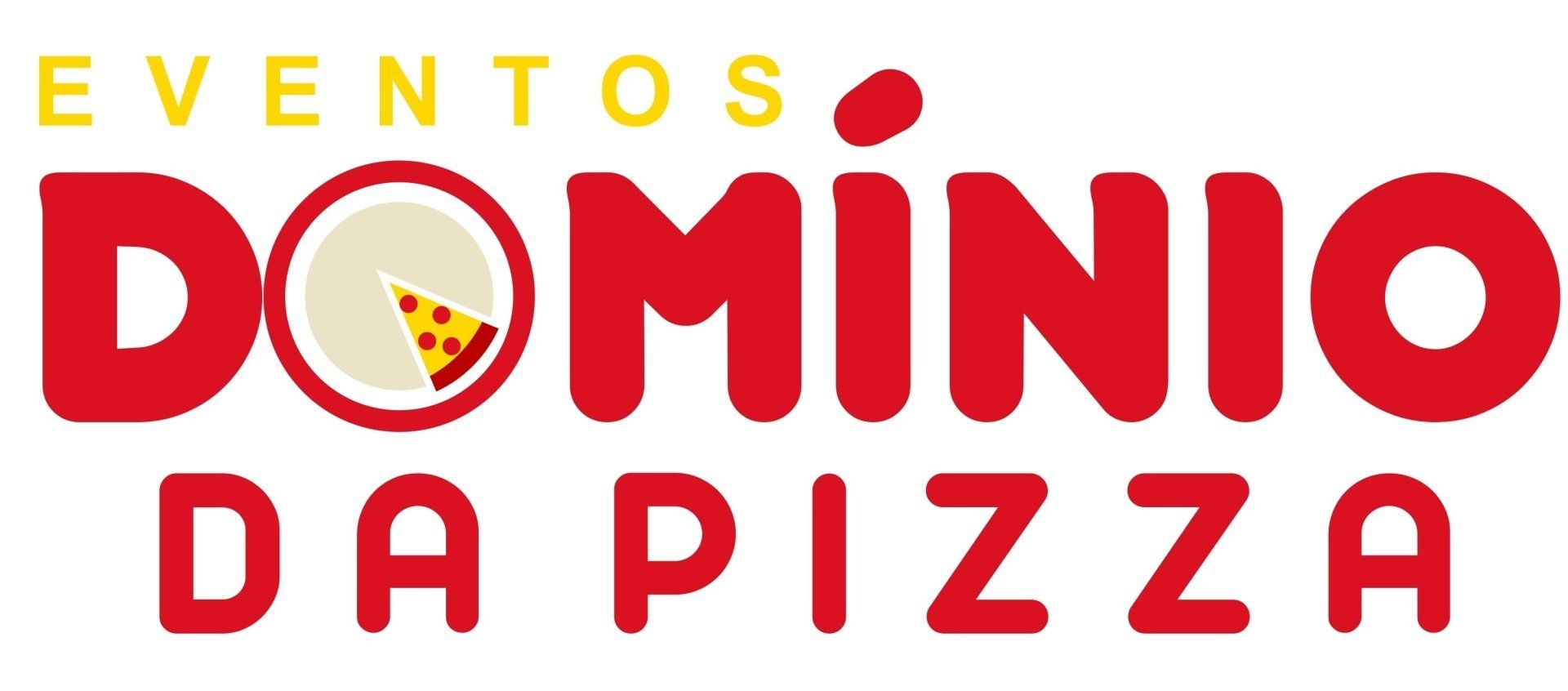 Logo for Eventos Domínio da Pizza in red and yellow with a pizza slice in the “O”