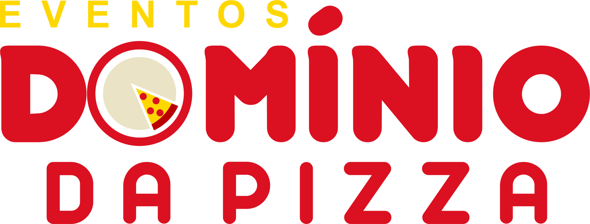 Logo “Eventos Domínio da Pizza” em vermelho e amarelo com ícone de fatia de pizza.