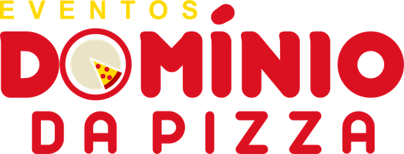 Logo “Eventos Domínio da Pizza” em vermelho e amarelo com ícone de fatia de pizza.