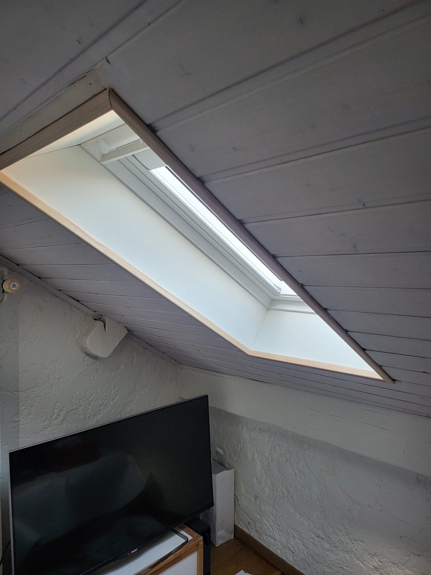 Un séjour avec un puits de lumière et une télévision écran plat.
