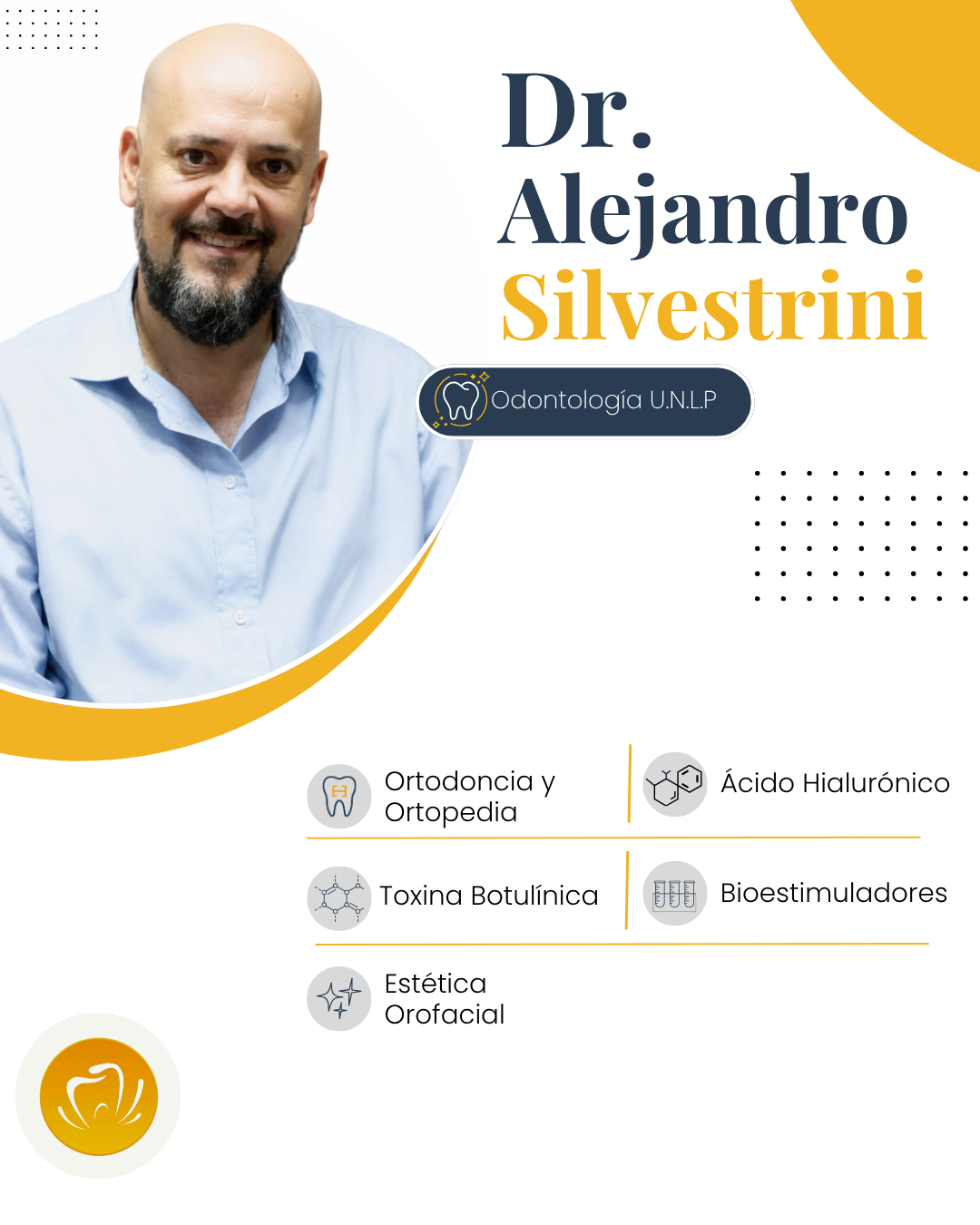 Banner médico del Dr. Alejandro Silvestrini con retrato, diseño en azul claro y dorado, e iconos de especialidades