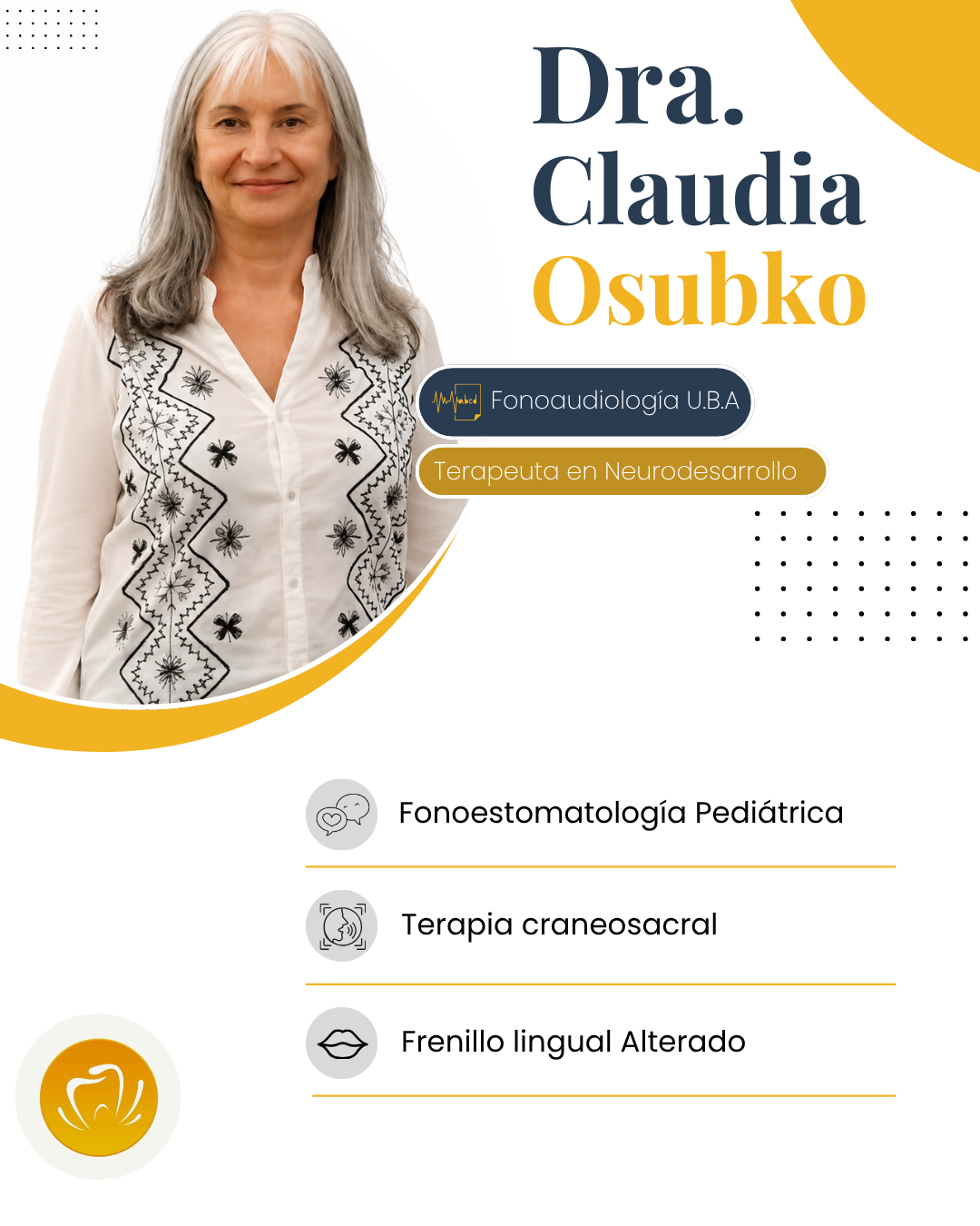 Gráfico del perfil médico de la Dra. Claudia Osubko, con retrato y lista de especialidades sobre un fondo blanco y dorado