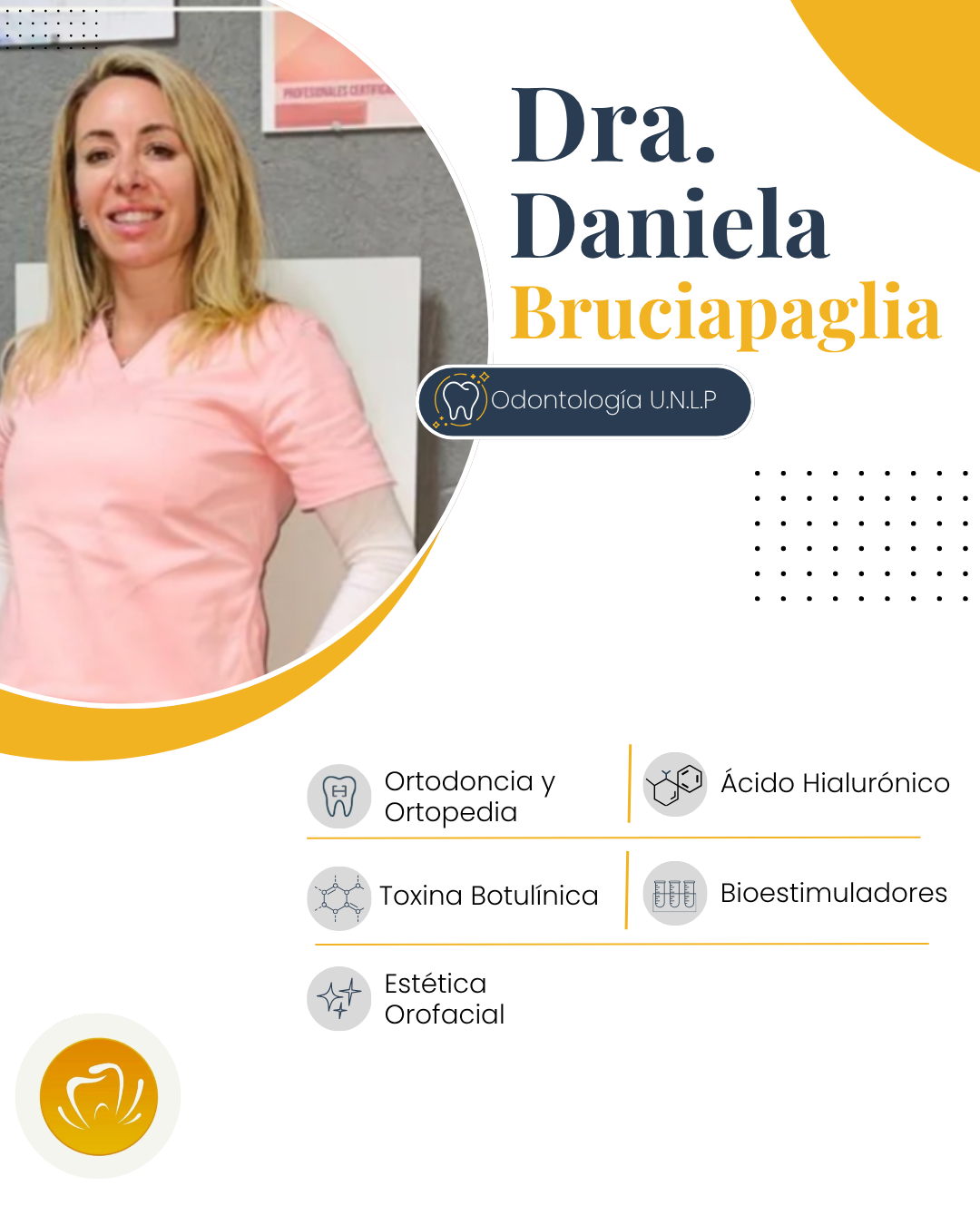 Banner con la Dra. Danica Braciapaglia con una blusa rosa y los servicios enumerados en portugués.
