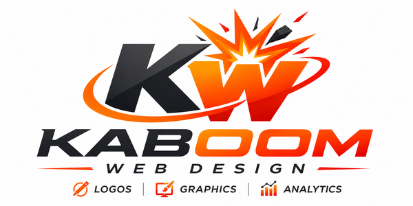 A logo for a company called kaboomasite on an orange background.