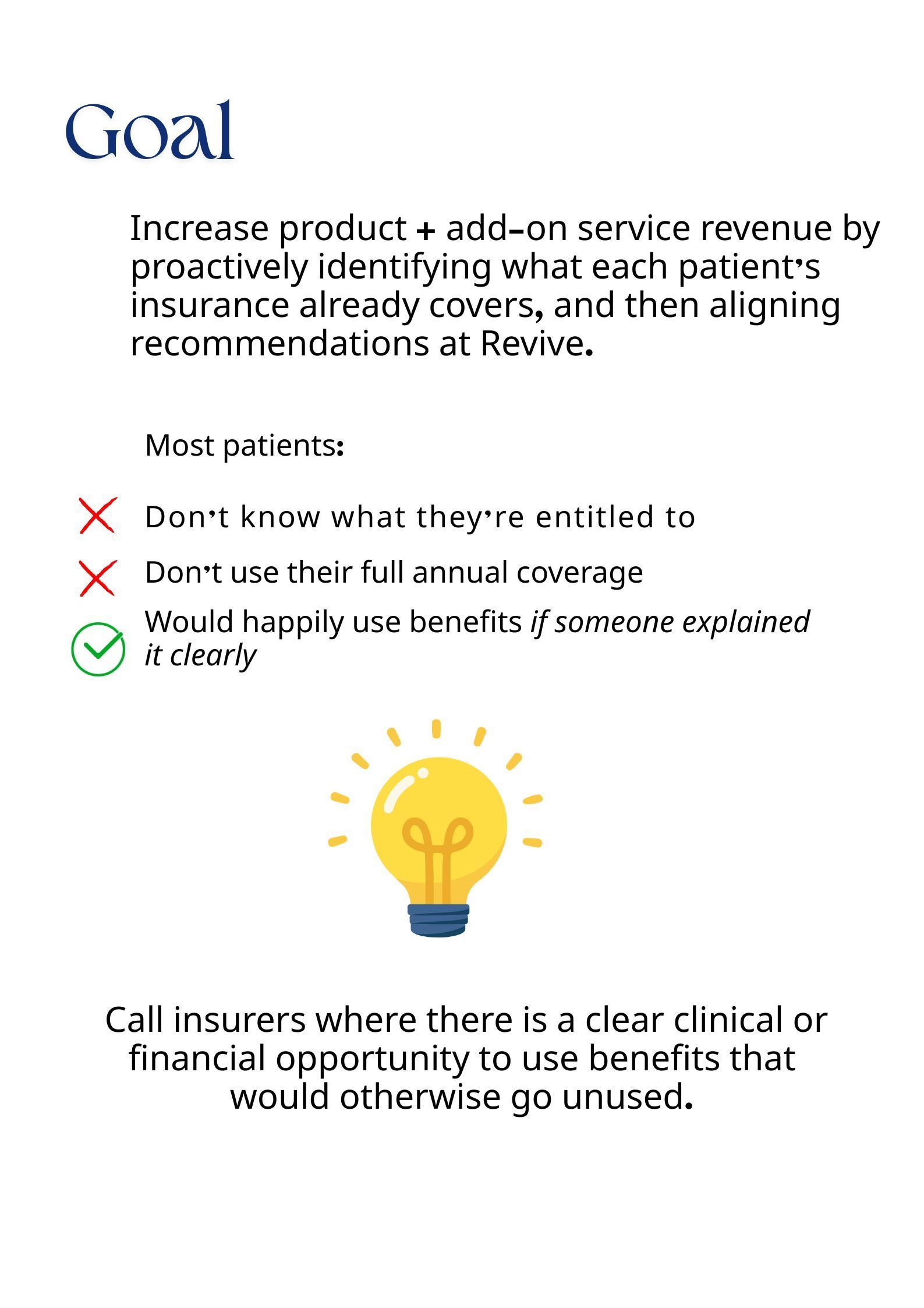 Goal page with checklist icons and a lightbulb illustration about increasing revenue and service quality