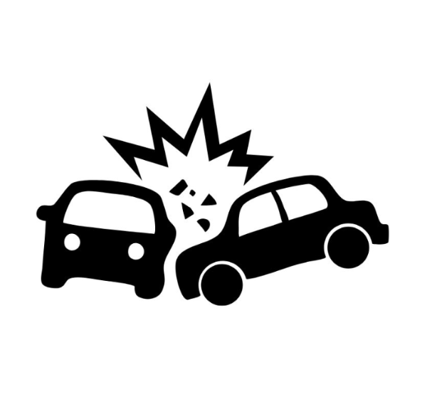 Black icon of two cars colliding head-on with an impact burst between them.