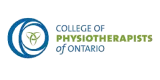 Logo for the College of Physiotherapists of Ontario in blue and green text with circular blue emblem