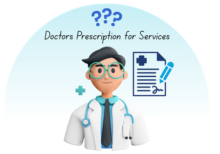 Doctor cartoon with question marks, prescription clipboard, and text “Doctors Prescription for Services”