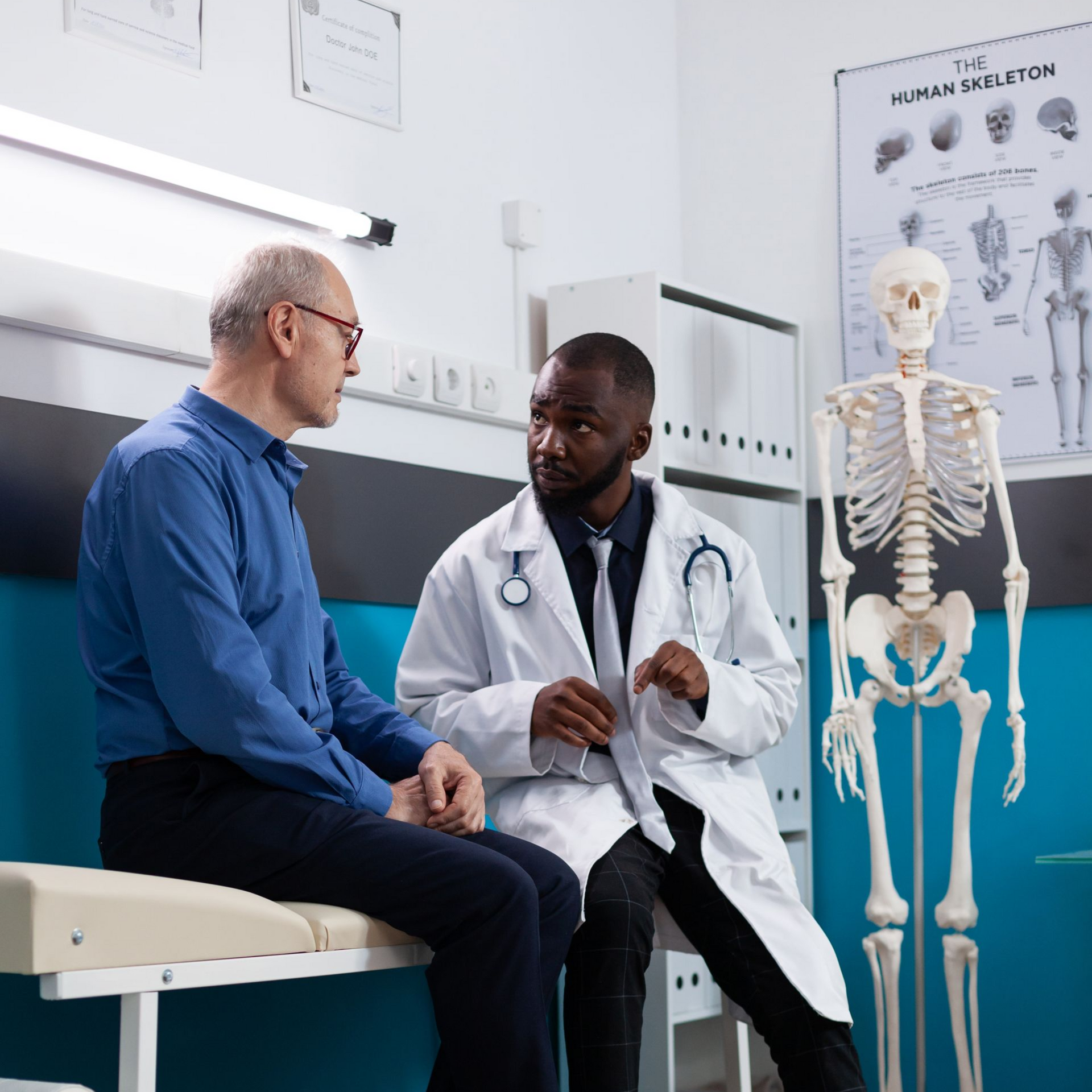 Doctor consulting with a patient in a clinic beside a human skeleton anatomy model.