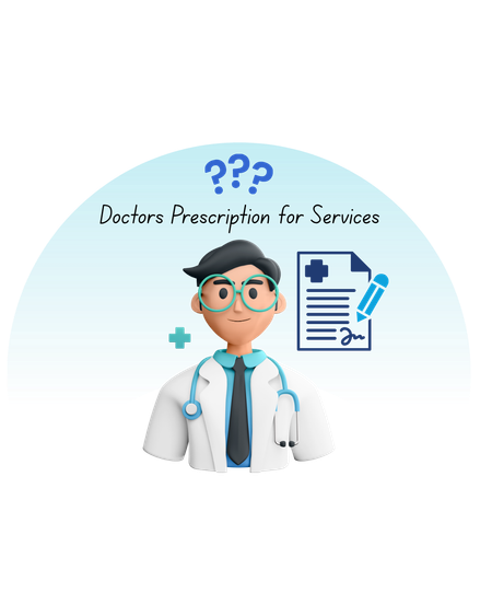 Doctor cartoon with question marks, prescription clipboard, and text “Doctors Prescription for Services”
