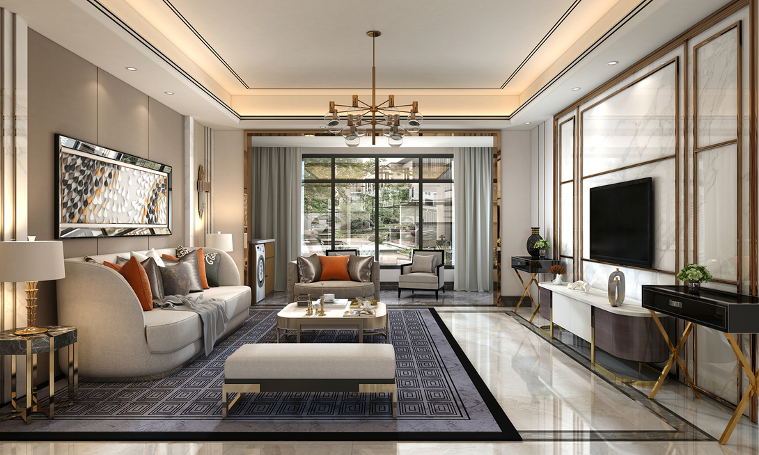 Elegant living room with neutral colors, sofa, TV, and large window.
