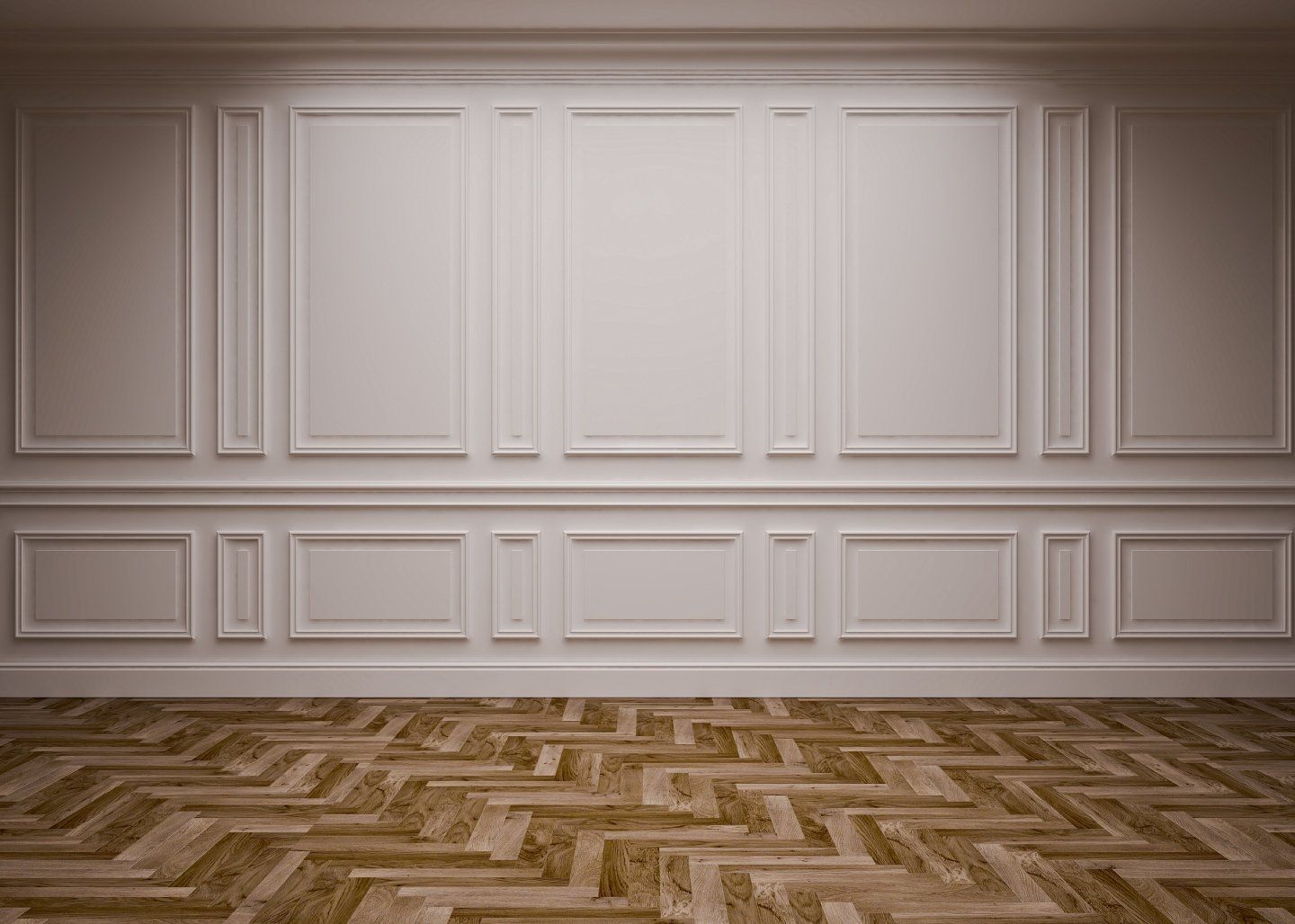 Parete rivestita di pannelli bianchi e pavimento in parquet.
