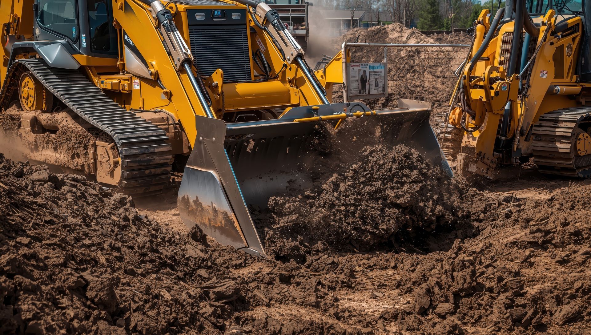 View of yellow excavator doing earthmoving on soil. View of yellow excavator doing earthmoving on soil.