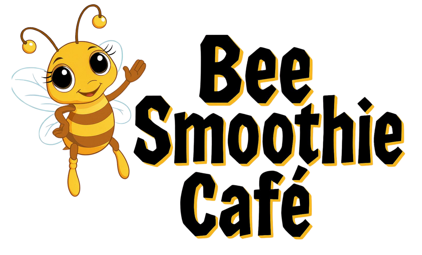 A cartoon bee waves next to
