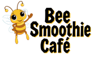 A cartoon bee waves next to