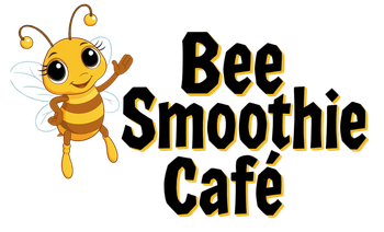 A cartoon bee waves next to