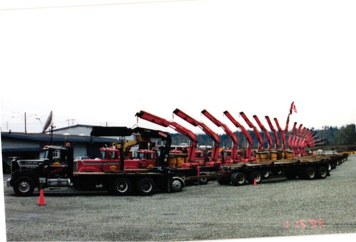 Line of red crane trucks parked on gravel.