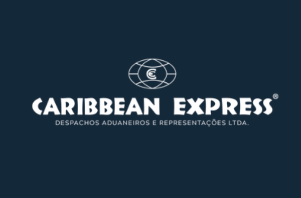 Logotipo da Caribbean Express em fundo azul-escuro. O texto diz 